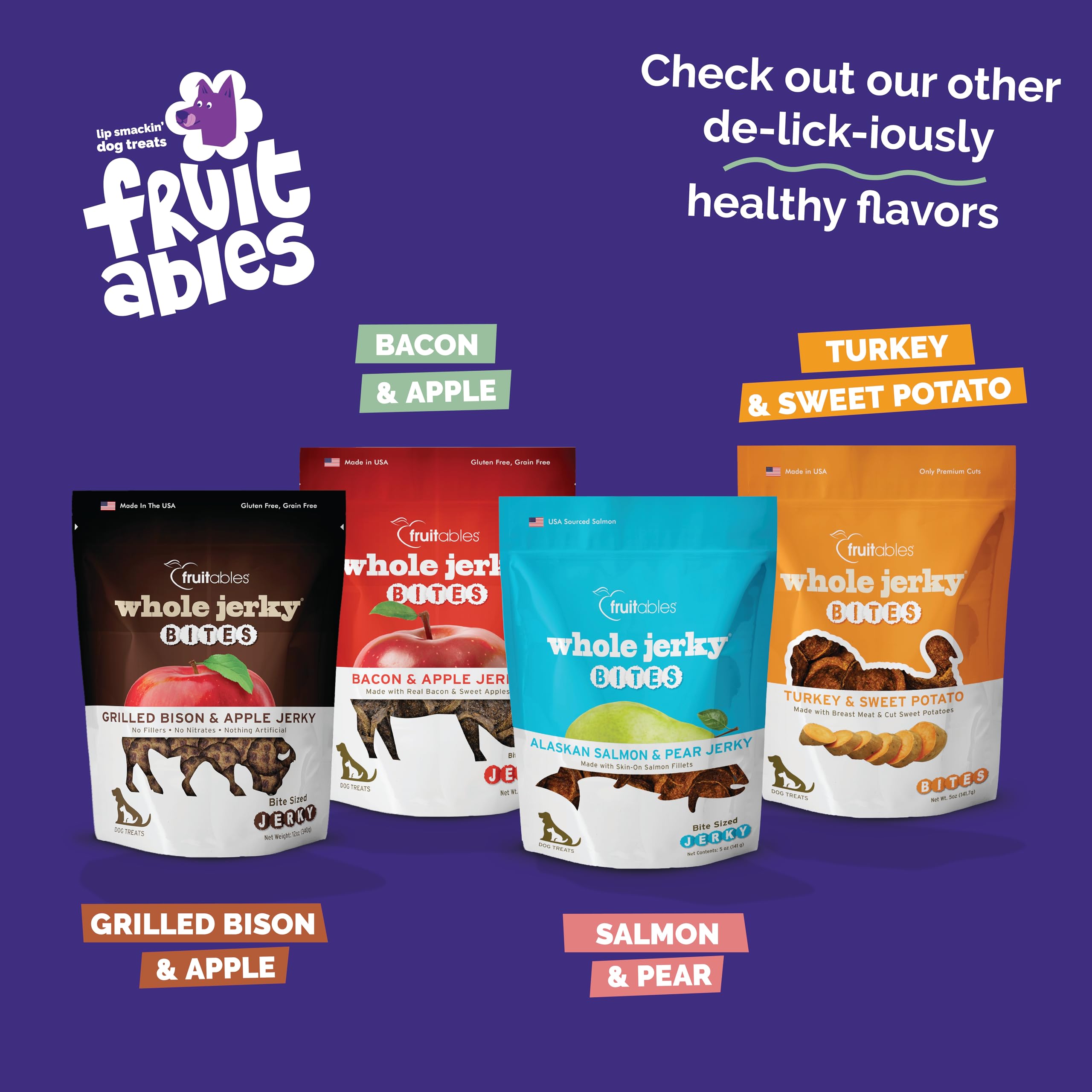 Producto hecho en EE. UU., Fruitables con ingredientes reales.