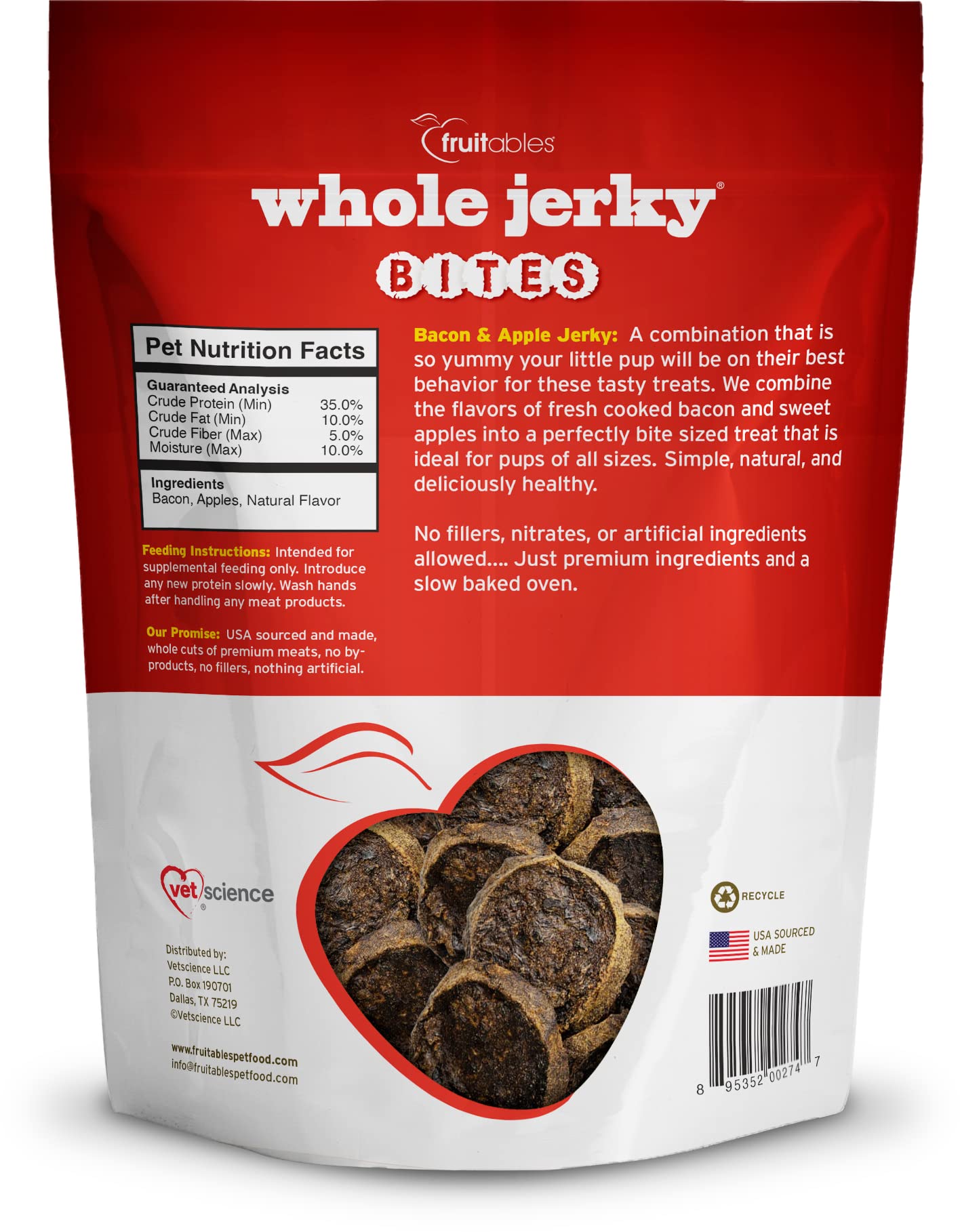 Snack natural de tocino y manzana Fruitables para perros.