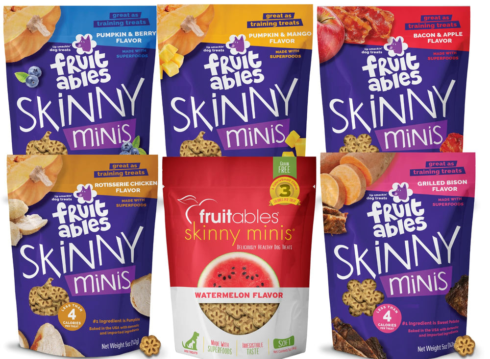 Fruitables Skinny Minis: paquete variedad para entrenamiento canino sabroso y práctico.