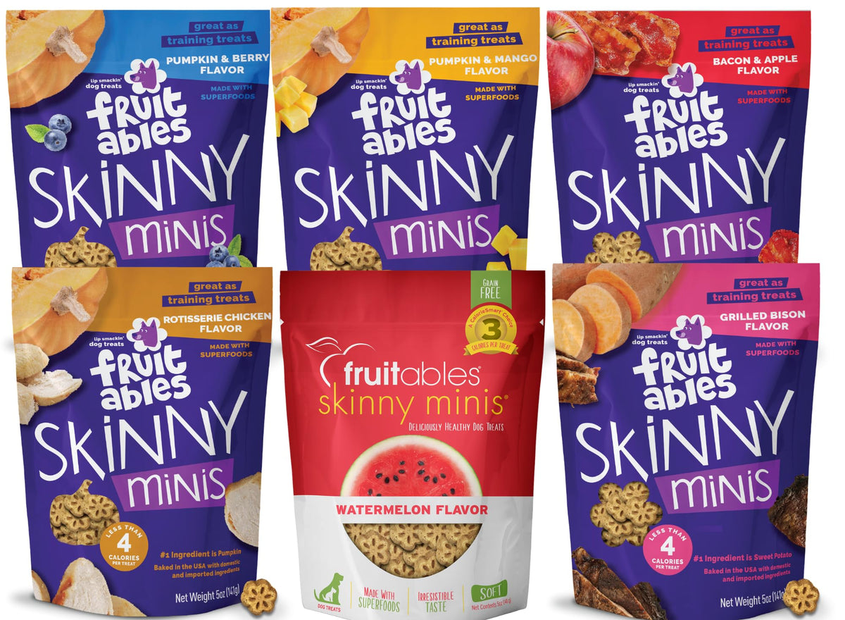 Fruitables Skinny Minis: paquete variedad para entrenamiento canino sabroso y práctico.