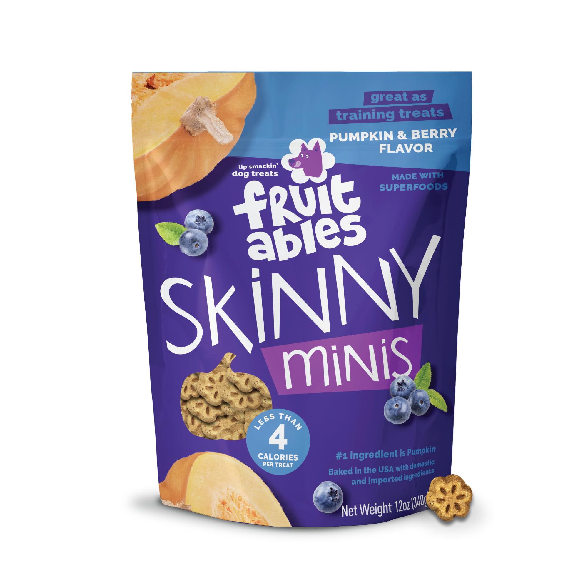 Fruitables Skinny Minis, empaque frontal, snack saludable para entrenamiento diario de perros.