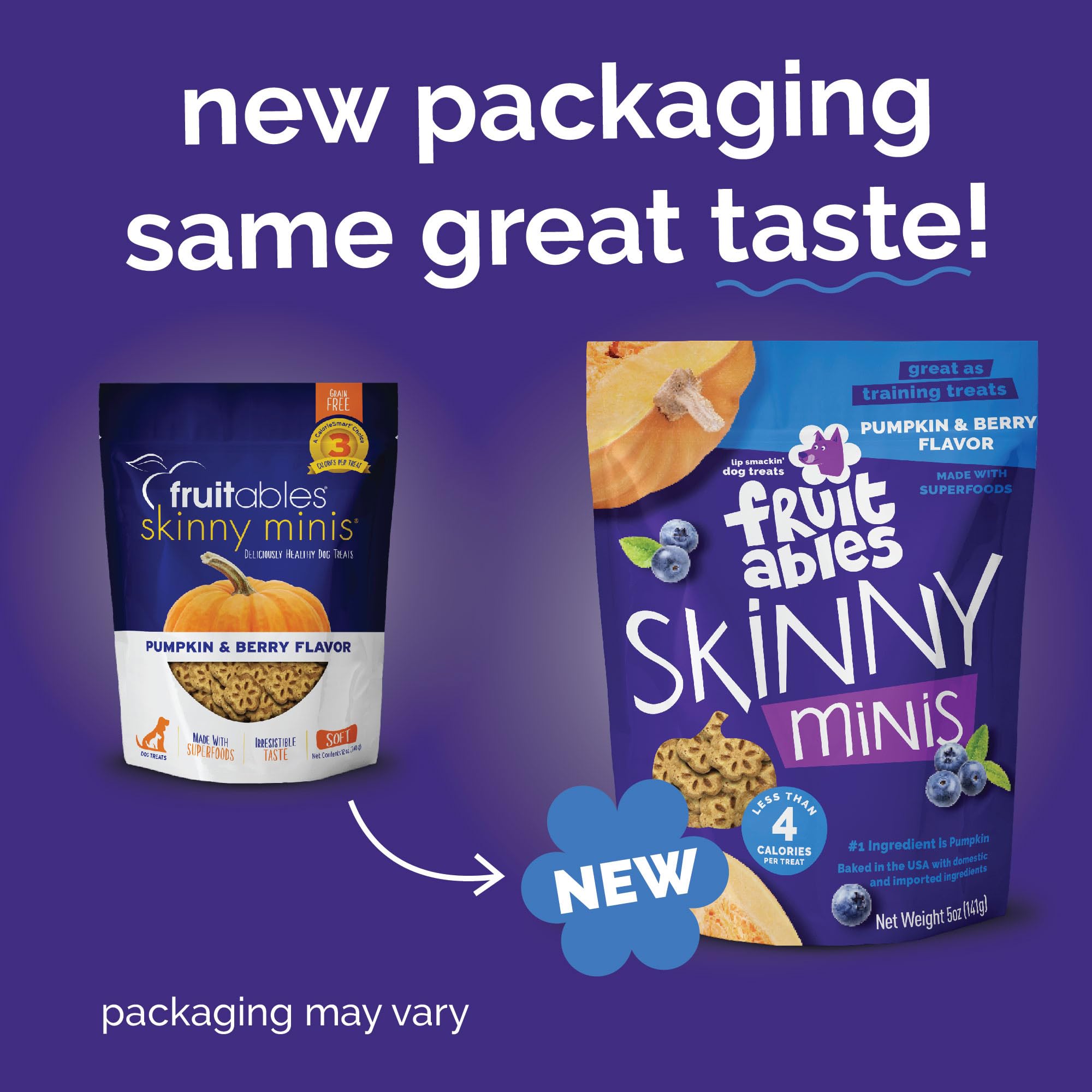 Fruitables Skinny Minis, ingredientes calabaza y arándanos, apoyo digestivo y sabor atractivo.