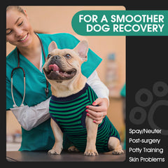 FUAMEY traje recuperación, rayas verdes, para perro, diseño cómodo y seguro.