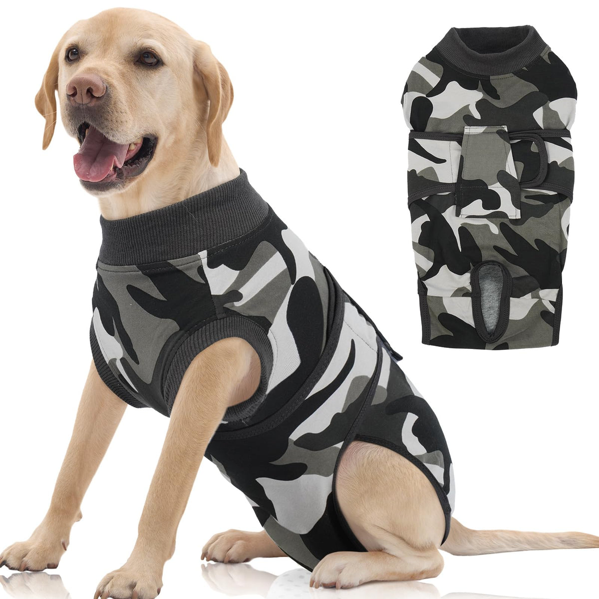 FUAMEY traje de recuperación para perros, vista frontal, comodidad y ajuste seguro.