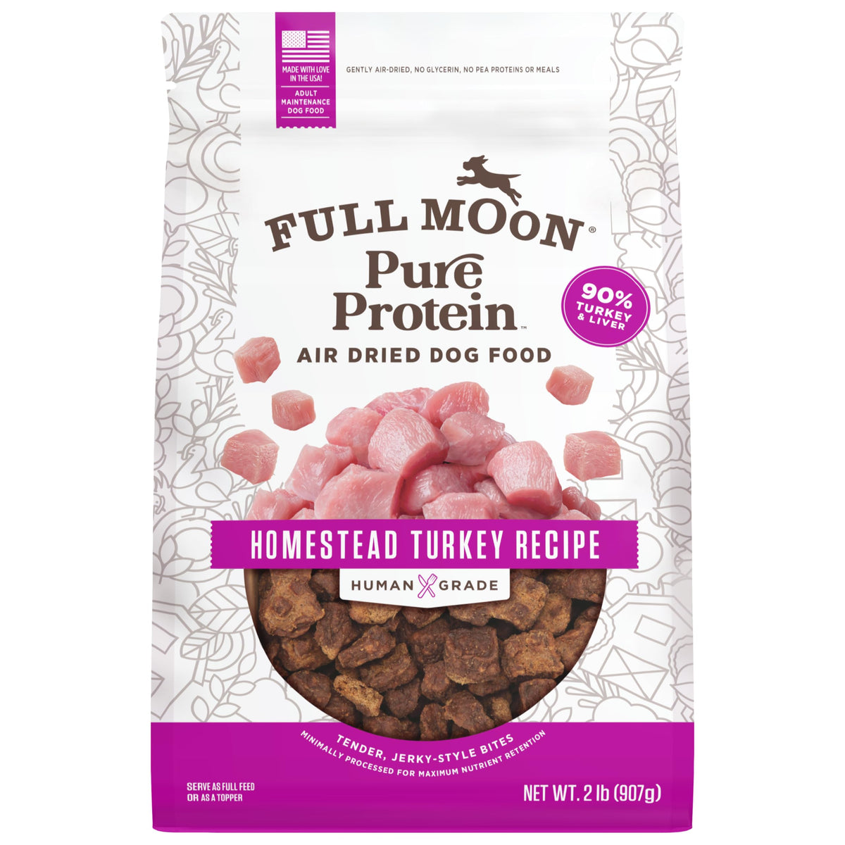 Full Moon alimento canino proteina pura secado al aire en bolsa, fácil de servir.