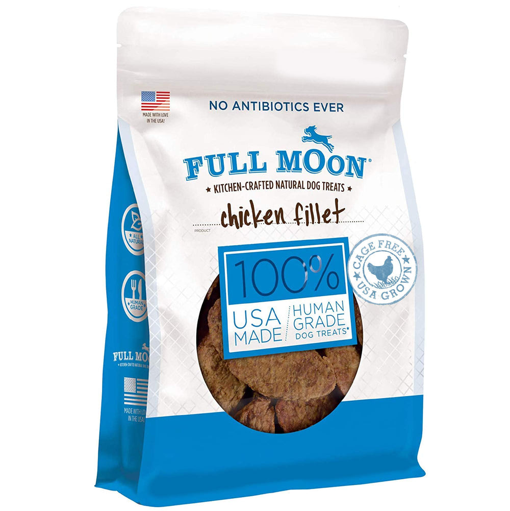 Full Moon Chicken Fillet: empaque abierto, premio sabroso para perros