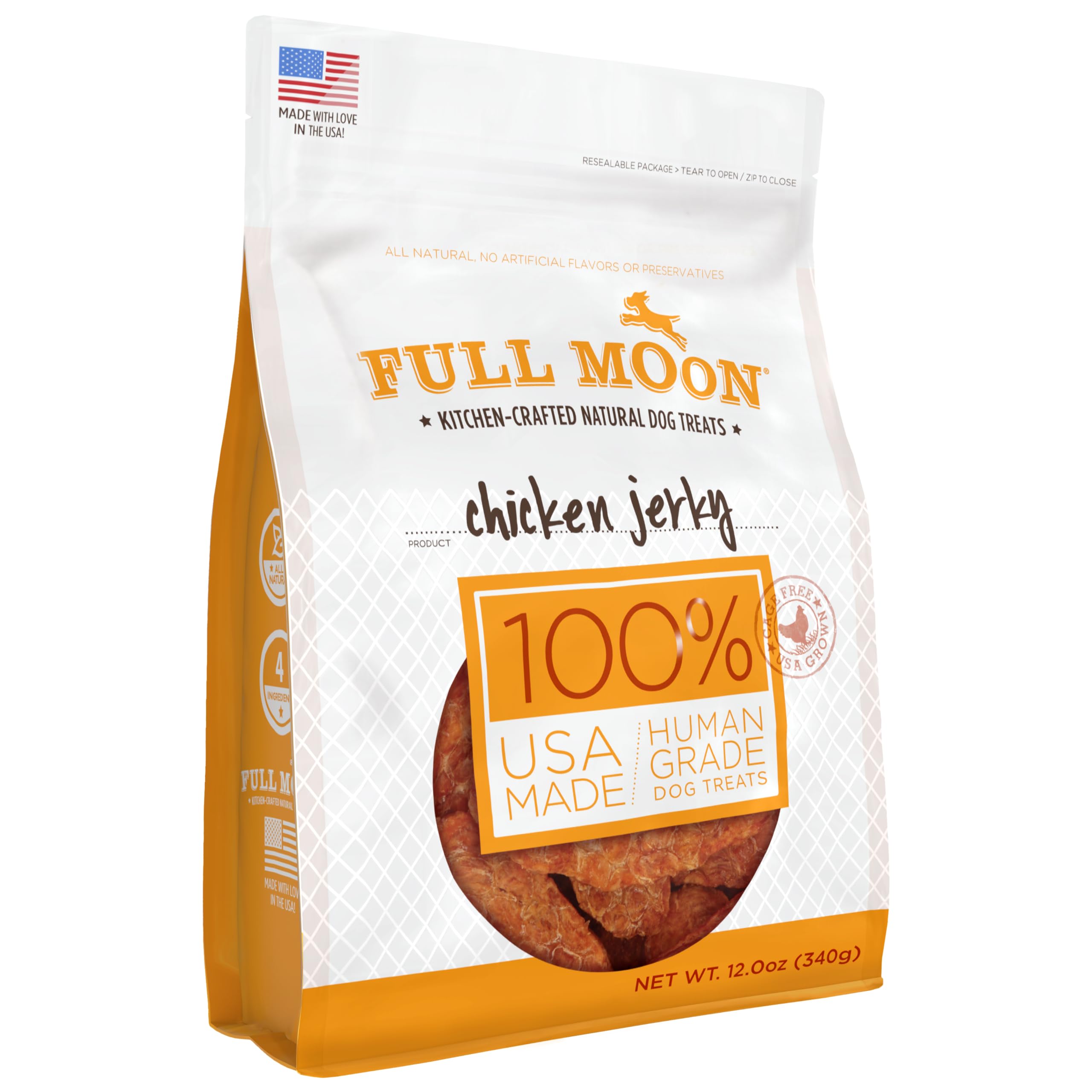 Full Moon Jerky de Pollo: bolsa abierta, snack natural para entrenamiento diario.