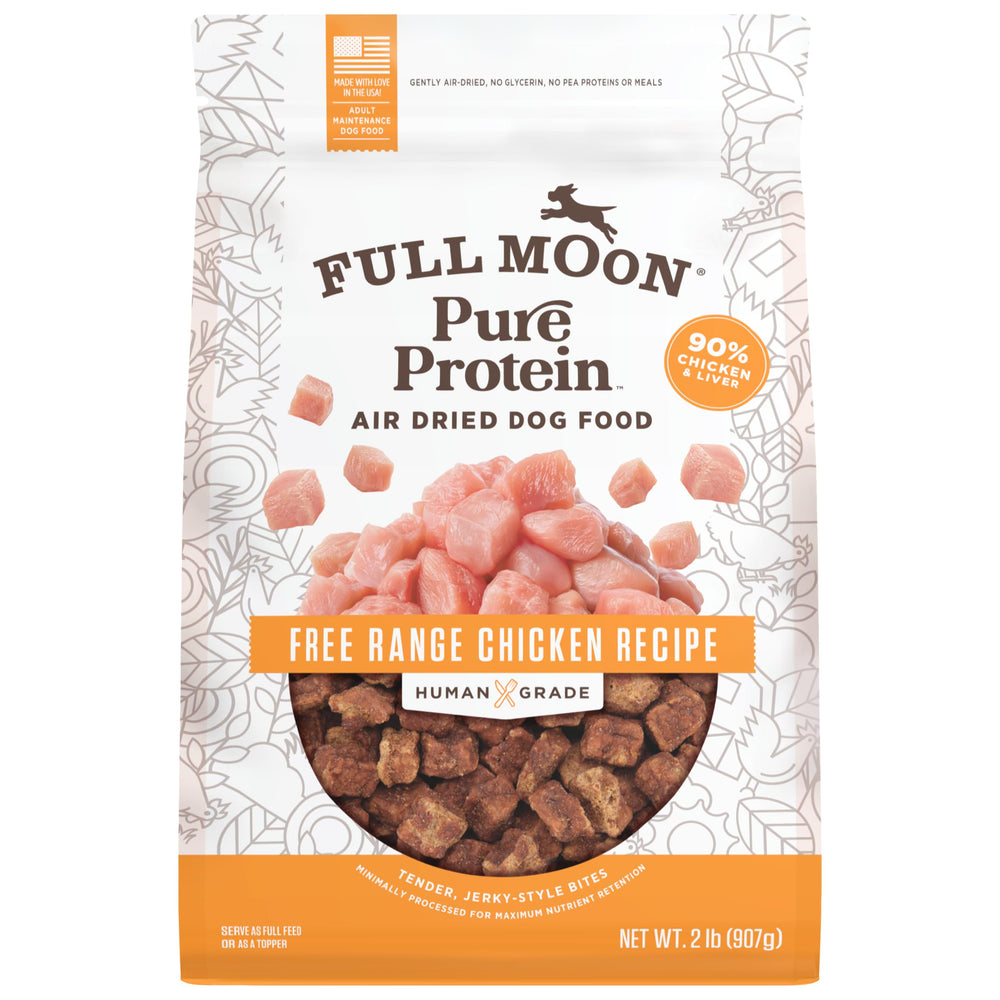 Full Moon: empaque frontal de alimento para perros, pollo de corral, fácil de guardar.