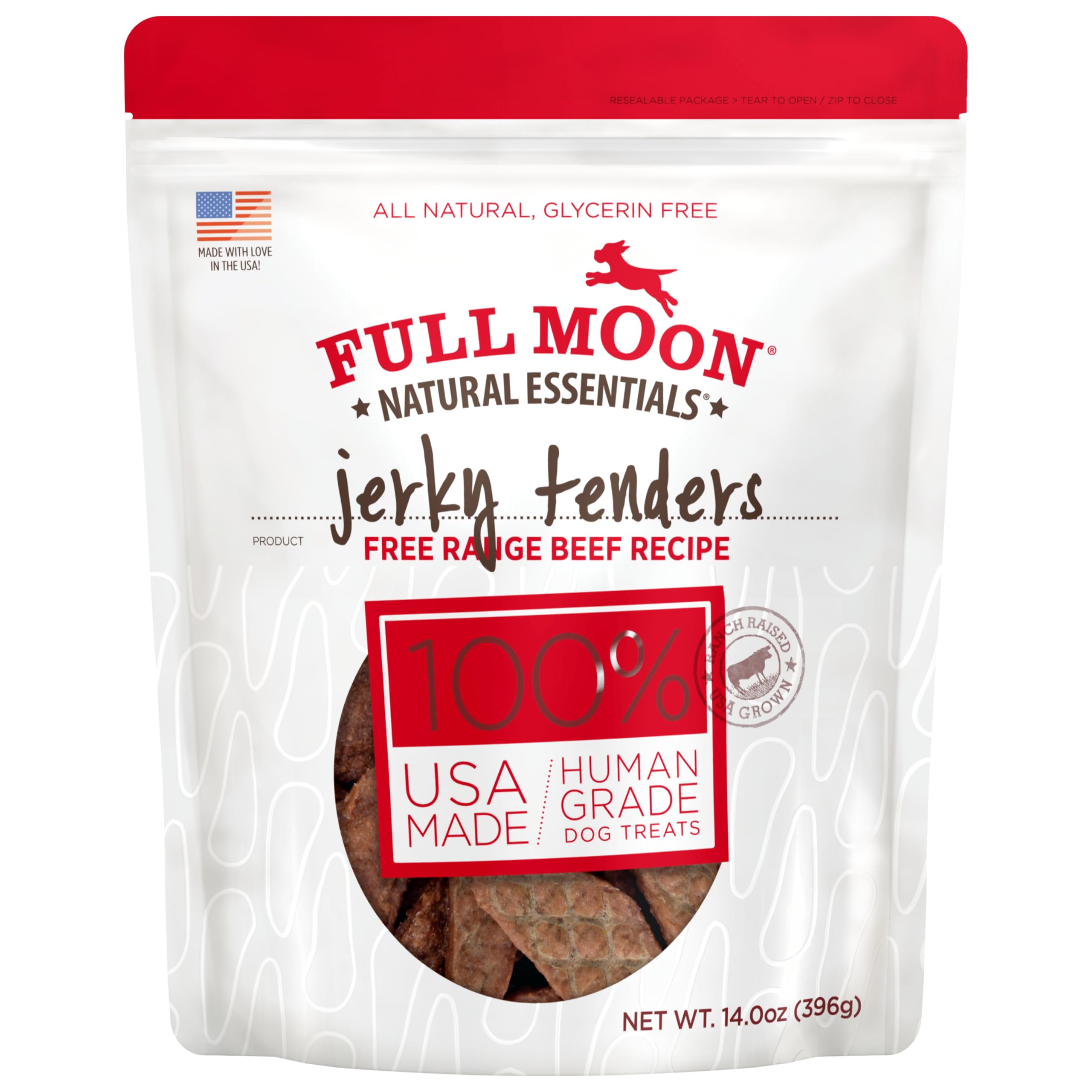 Full Moon Essential Beef Tenders packshot showing premium, human-grade dog treats for rewards.