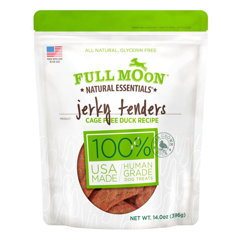 Full Moon Essential Duck Tenders pack shot highlighting premium, natural dog treats