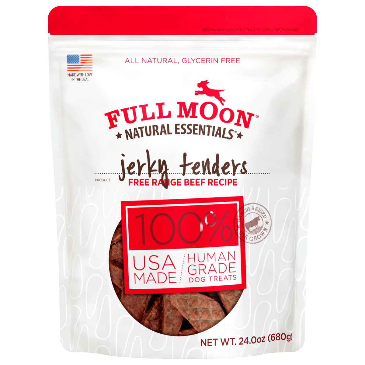 Full Moon Essentials: tiras de carne de res listas para premiar, snack natural para perros.