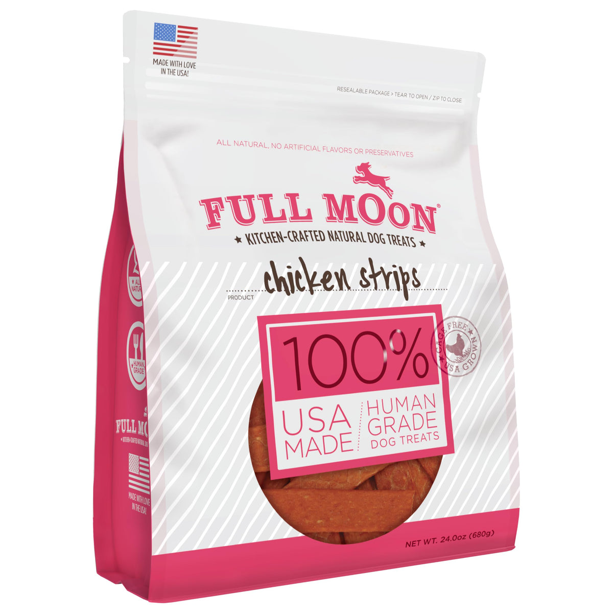 Full Moon tiras-pollo-crujientes: snack natural para perros activos.