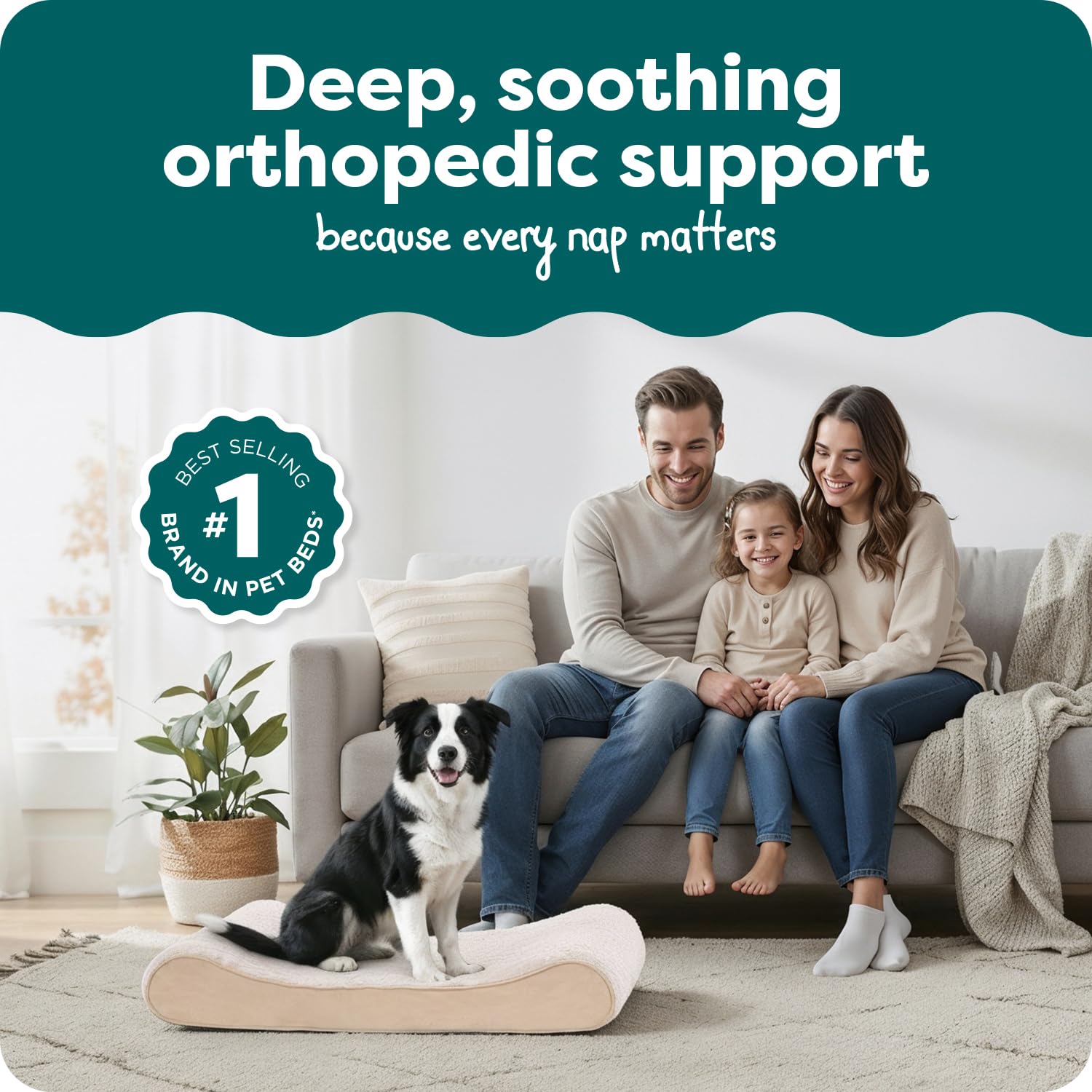 Cama ortopédica FurHaven para perro mediano, diseño tipo sillón que favorece estiramientos nocturnos.