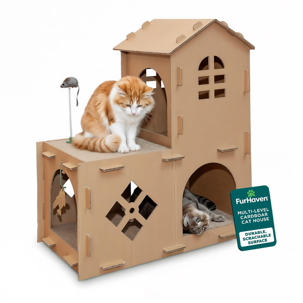 FurHaven: casa de cartón de dos niveles para gatos, refugio cómodo en interior.