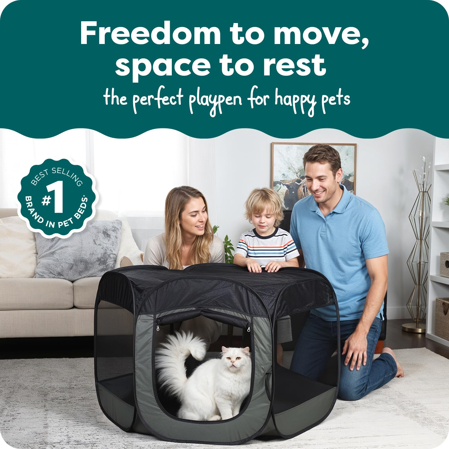 FurHaven Playpen montado sin herramientas para uso rápido.