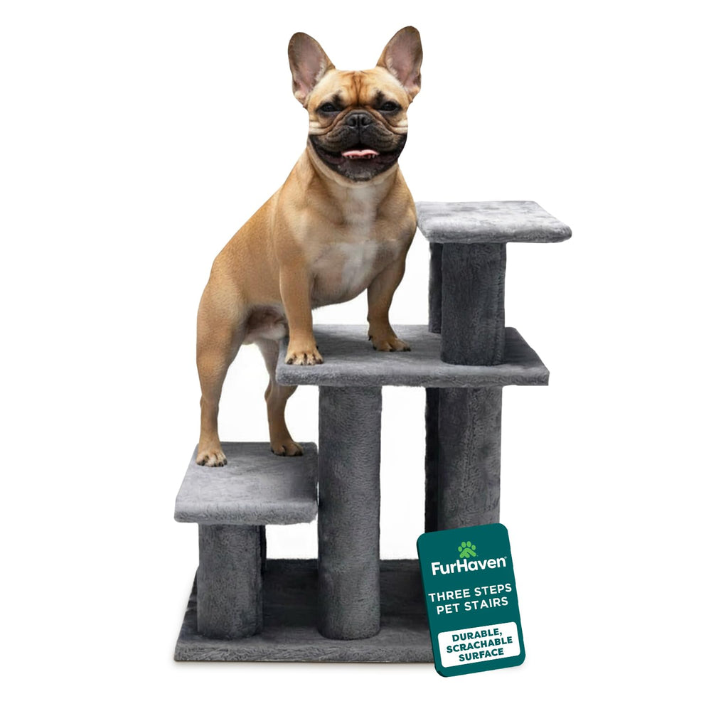 Furhaven Steady Paws: escalones de 3 pasos grises para subir a camas altas con suavidad.