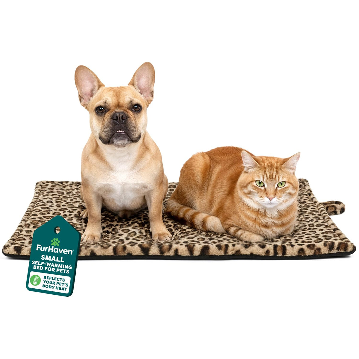 Cama Furhaven ThermaNAP leopardo, vista frontal; calor suave sin cables para el descanso