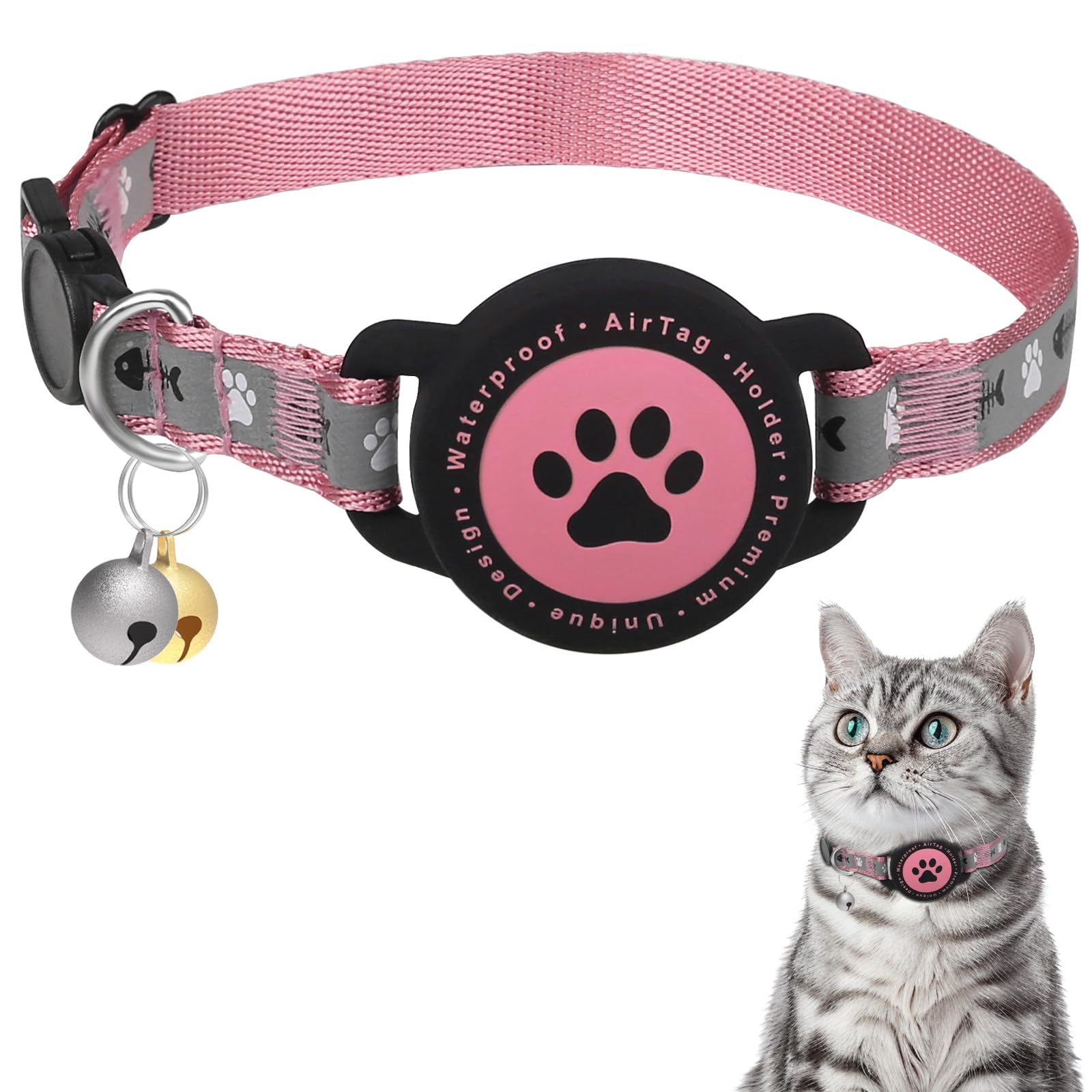 Collar Furrigo para gato AirTag impermeable en rosa, ideal para paseos bajo lluvia