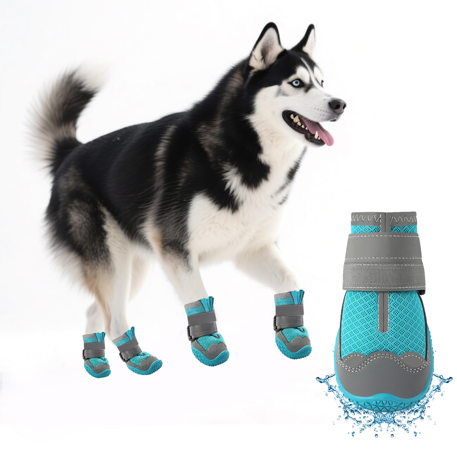 Botas Furrtripsy azul impermeables protegiendo patas en pavimentos calientes.