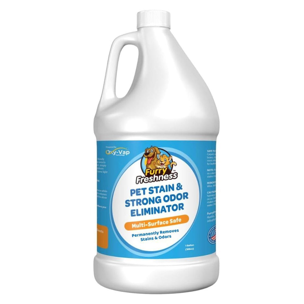FurryFreshness de Alta Intensidad: botella volcada para eliminar olores de mascotas.