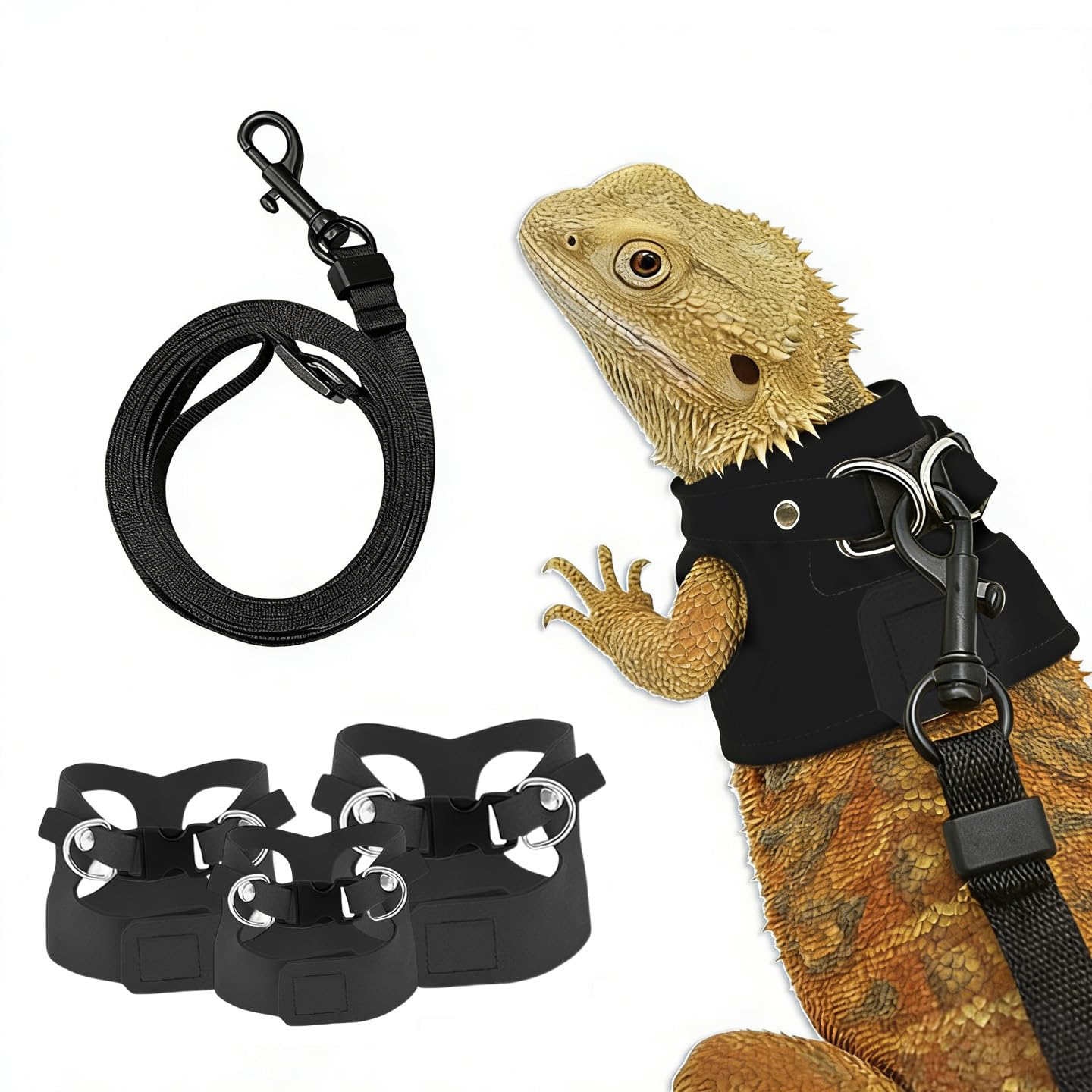 Arnés FurryShell para dragón barbudo con 3 tallas, cómodo y adaptable.