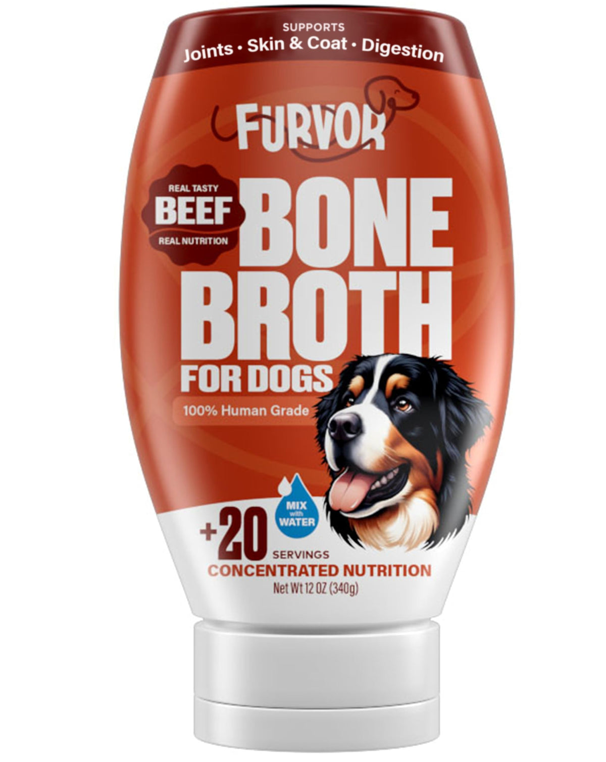Furvor Caldo de Huesos para Perros, botella vertiendo, mejora hidratación diaria.