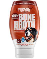 Furvor Caldo de Huesos para Perros, botella vertiendo, mejora hidratación diaria.