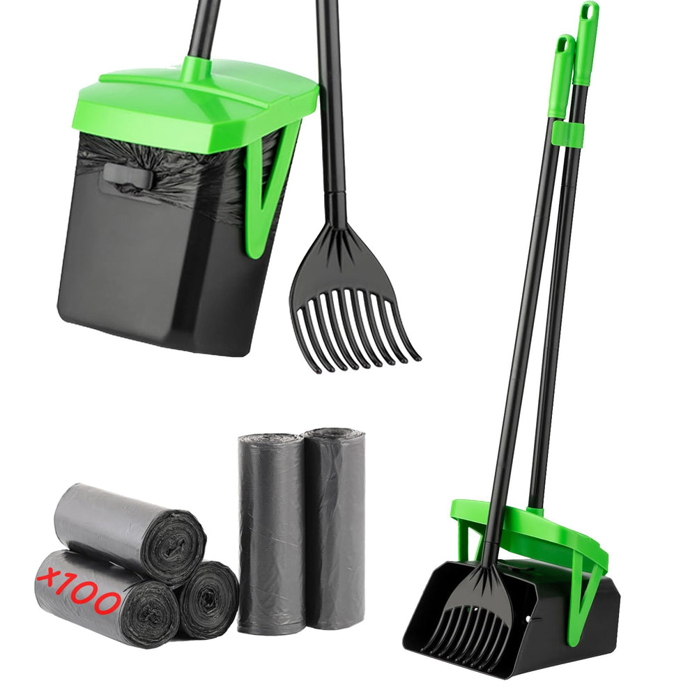 FUSBUNTY Pooper Scooper con cesto giratorio y rastrillo para recogida rápida.