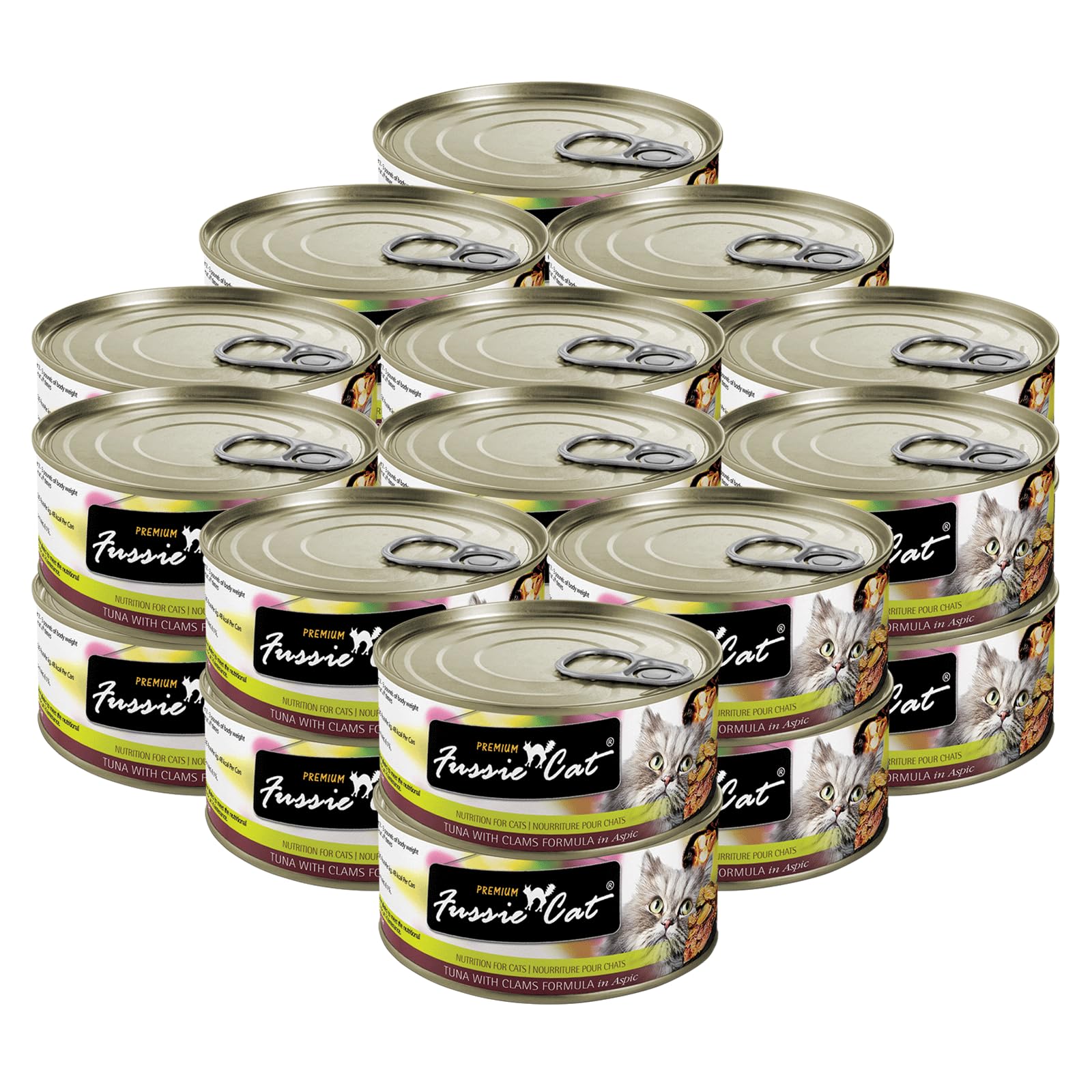 Fussie Cat - lata de atún y almejas en aspic para dieta felina equilibrada.
