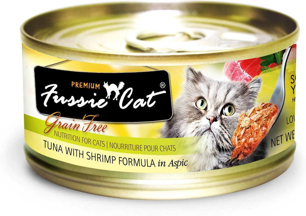 Fussie Cat atún y camarones: lata de 2.8 oz, fuente de proteína para gatos activos.