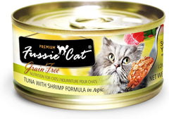 Fussie Cat atún y camarones: lata de 2.8 oz, fuente de proteína para gatos activos.