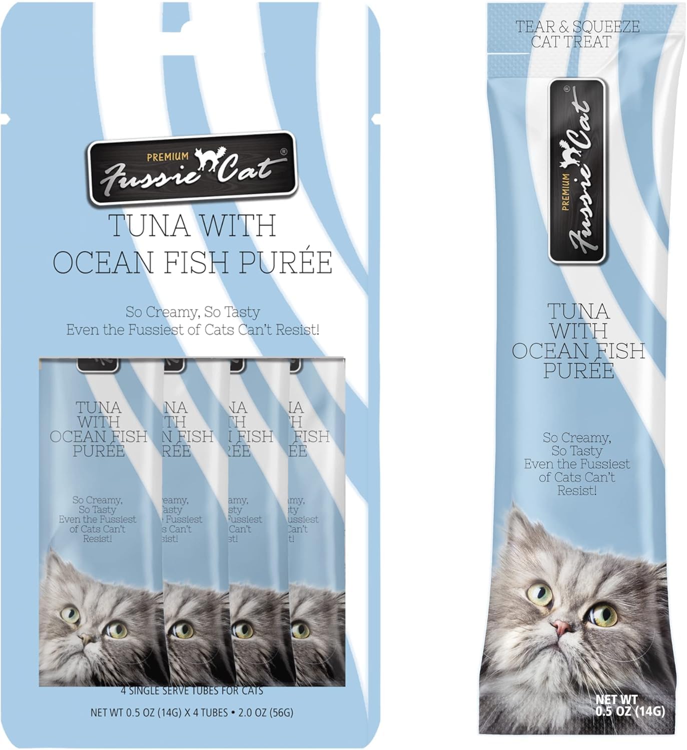 Purée de atún Fussie Cat en tubo, puré húmedo para hidratar la dieta felina.