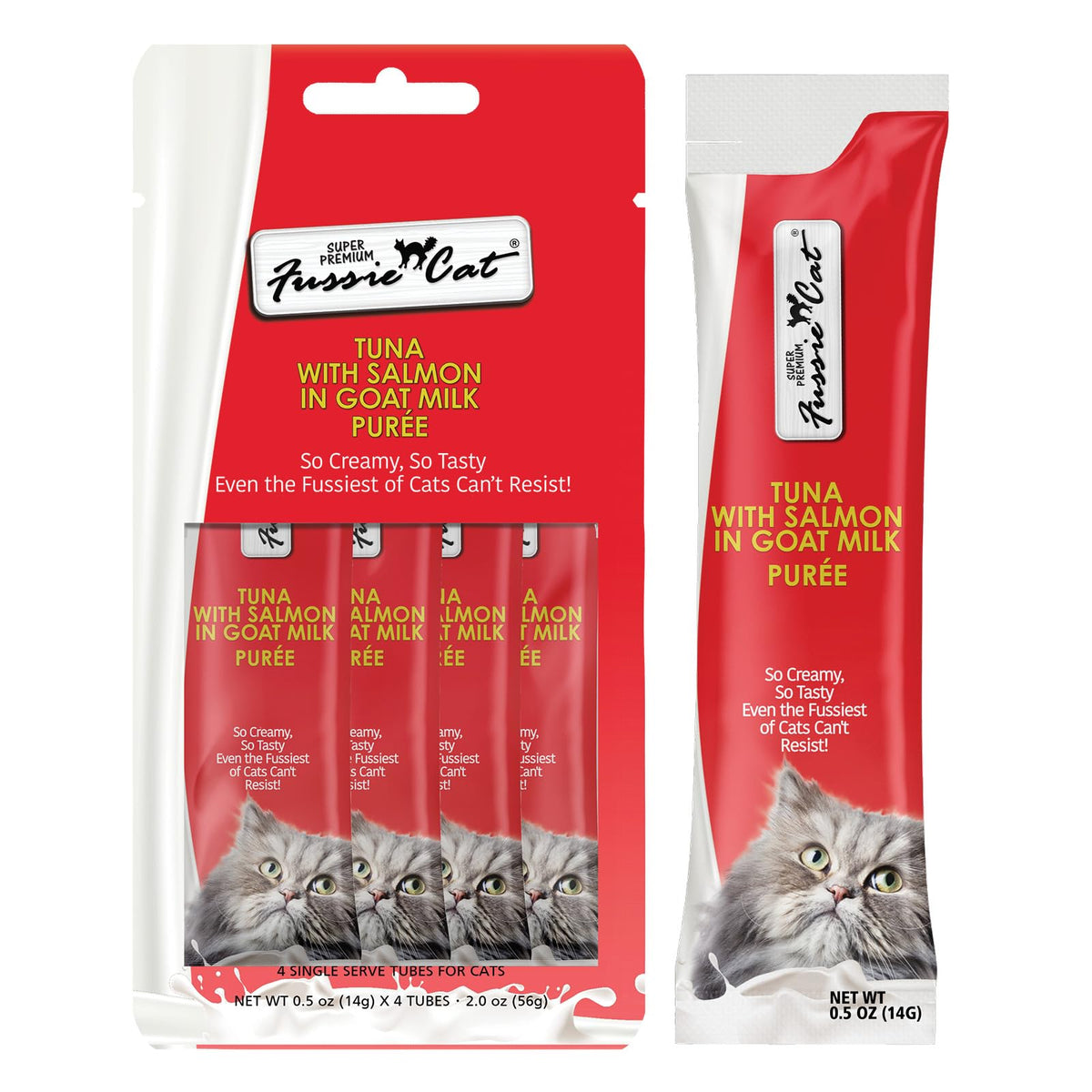 Fussie Cat: atún y salmón en puré de leche de cabra, sabor premium para gatos.