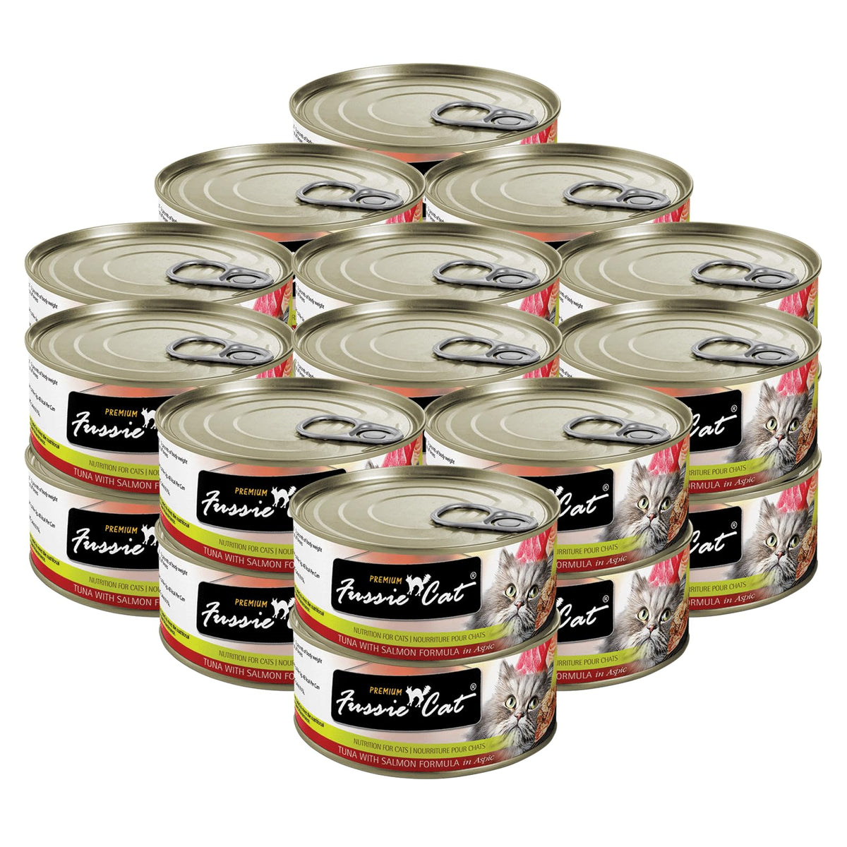 Lata Fussie Cat Atún y Salmón en Aspic, opción sabrosa para gatos.