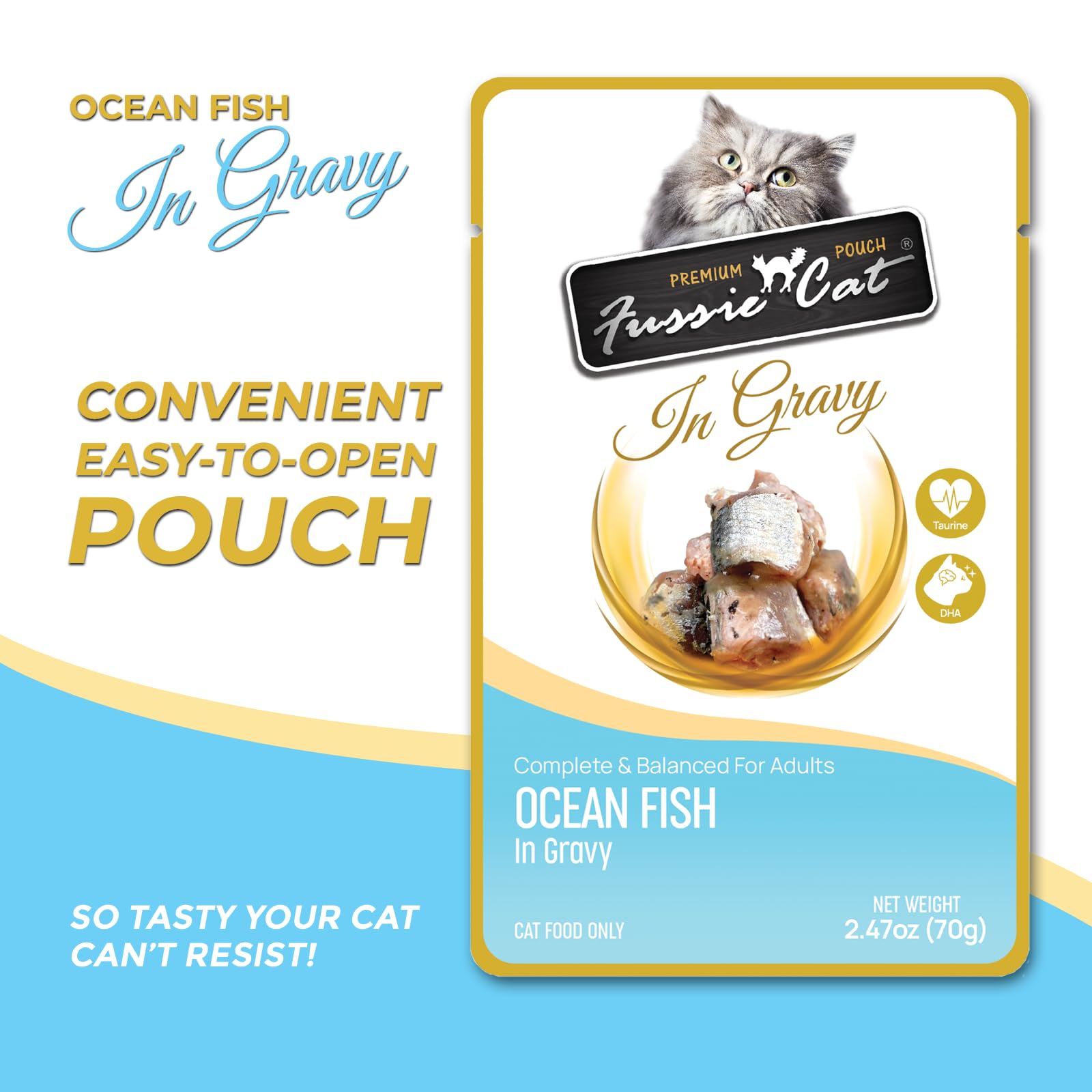 Bolsa Fussie Cat Ocean Fish en Salsa, fácil de abrir para comidas rápidas