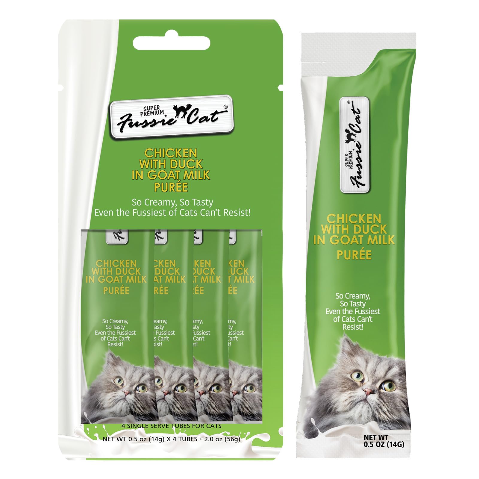 Fussie Cat pollo y pato en puré de leche de cabra, sabor premium para gatos