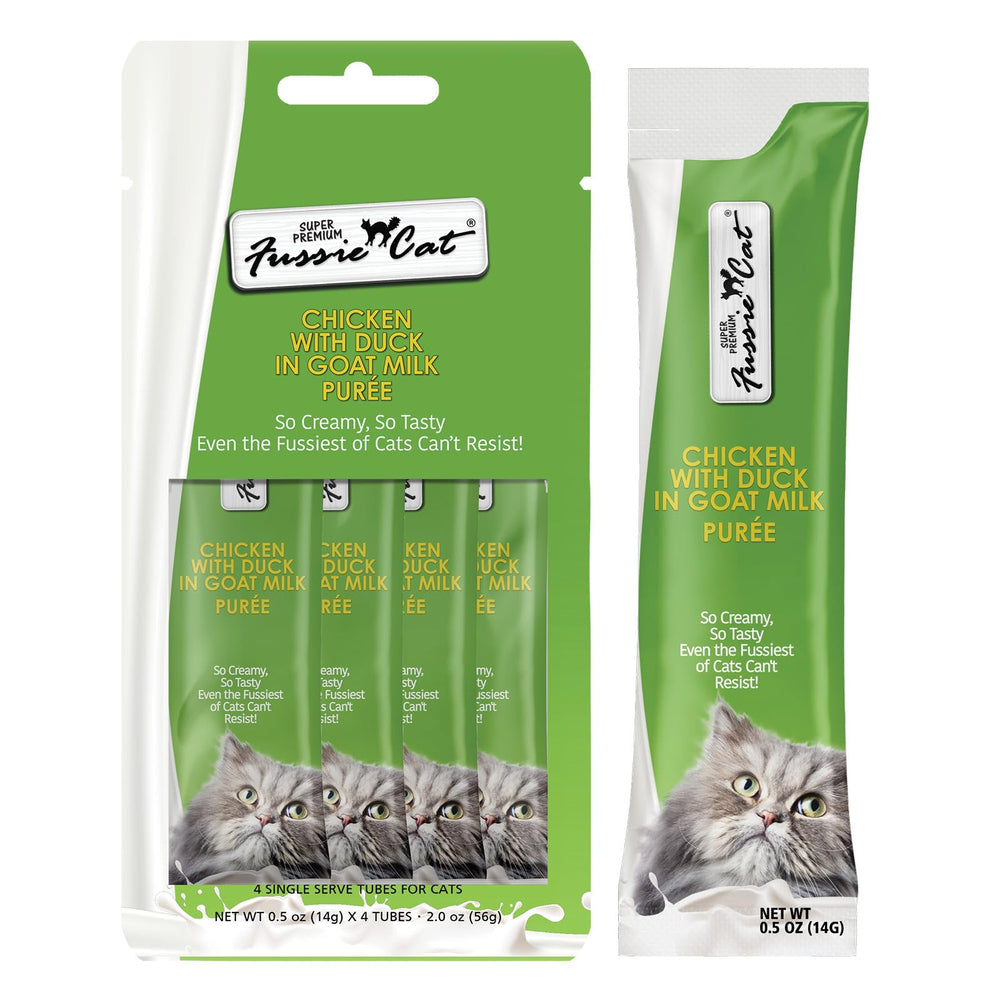 Fussie Cat pollo y pato en puré de leche de cabra, sabor premium para gatos