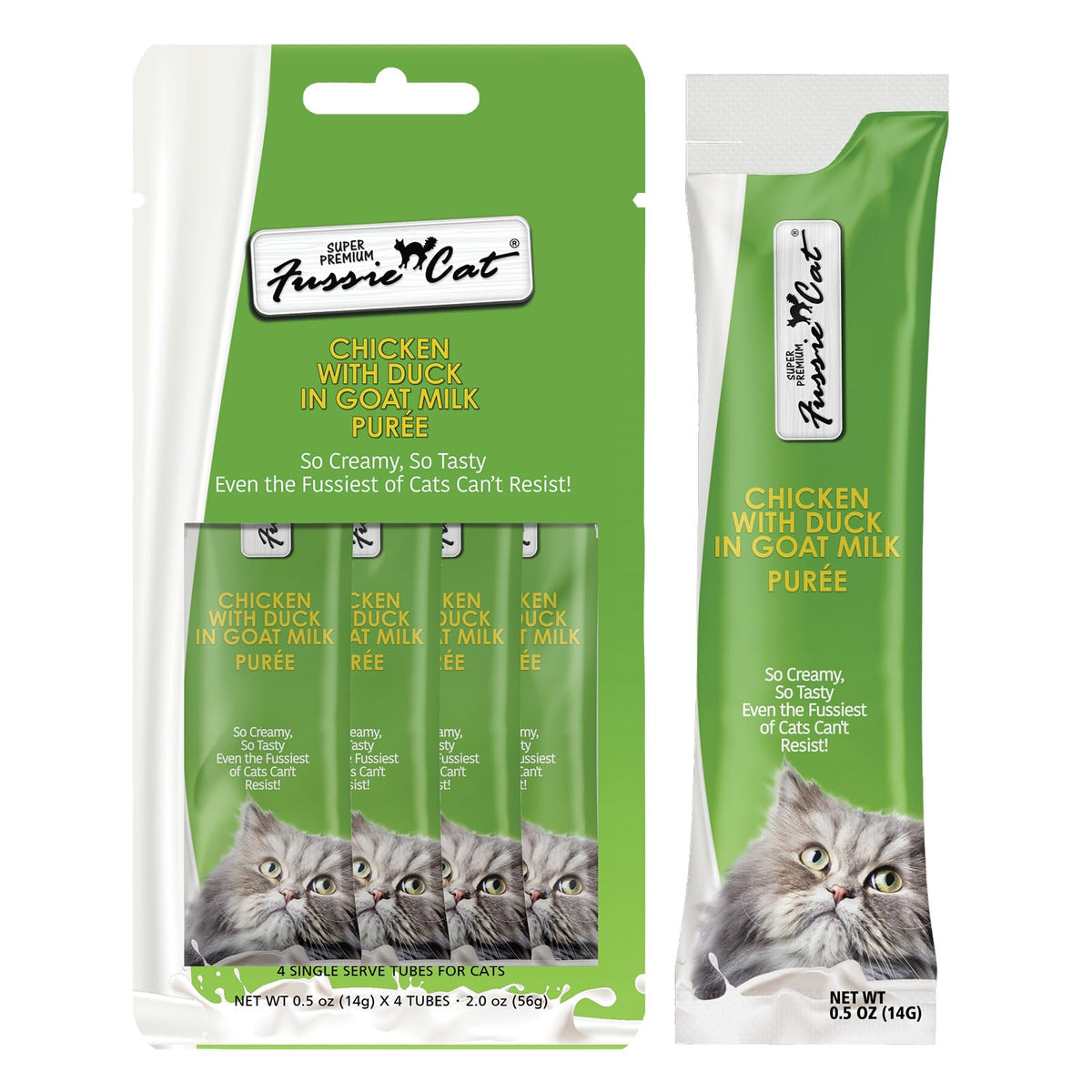 Fussie Cat pollo y pato en puré de leche de cabra, sabor premium para gatos