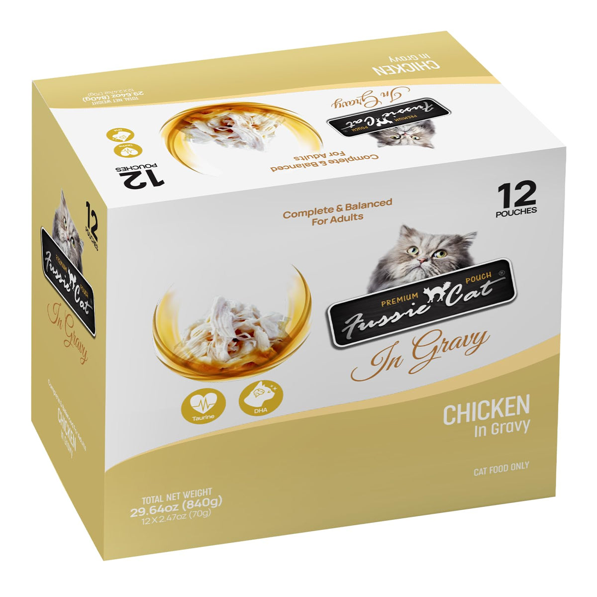 Fussie Cat pollo premium en salsa, empaque de 12, para comidas convenientes y sabrosas.