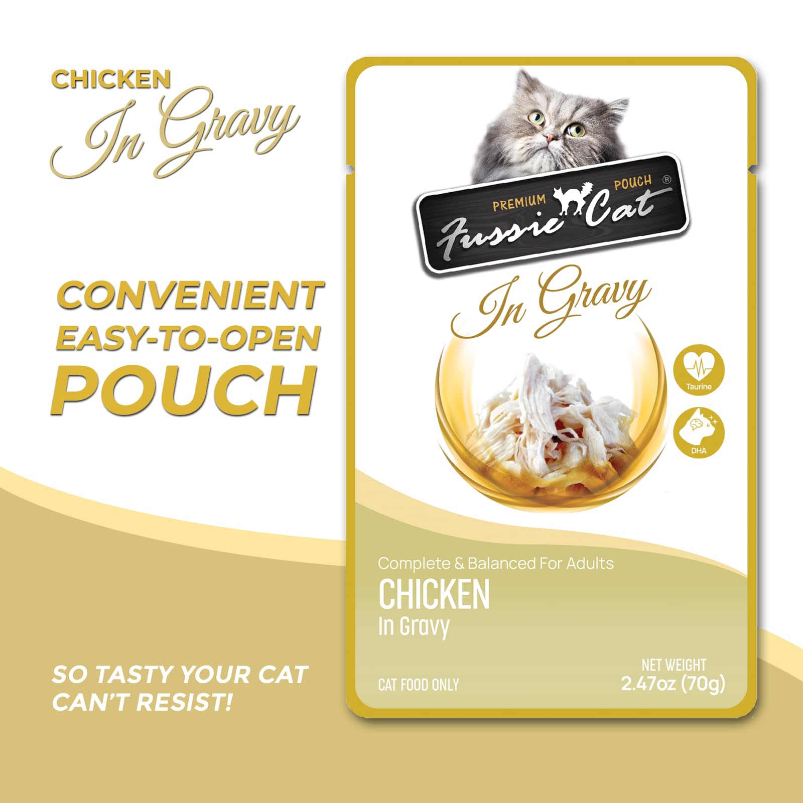 Fussie Cat trozos de pollo en salsa con DHA para apoyo nutricional.