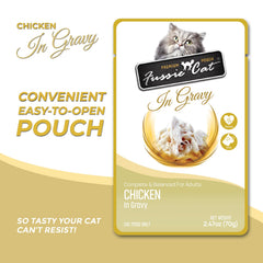 Fussie Cat trozos de pollo en salsa con DHA para apoyo nutricional.