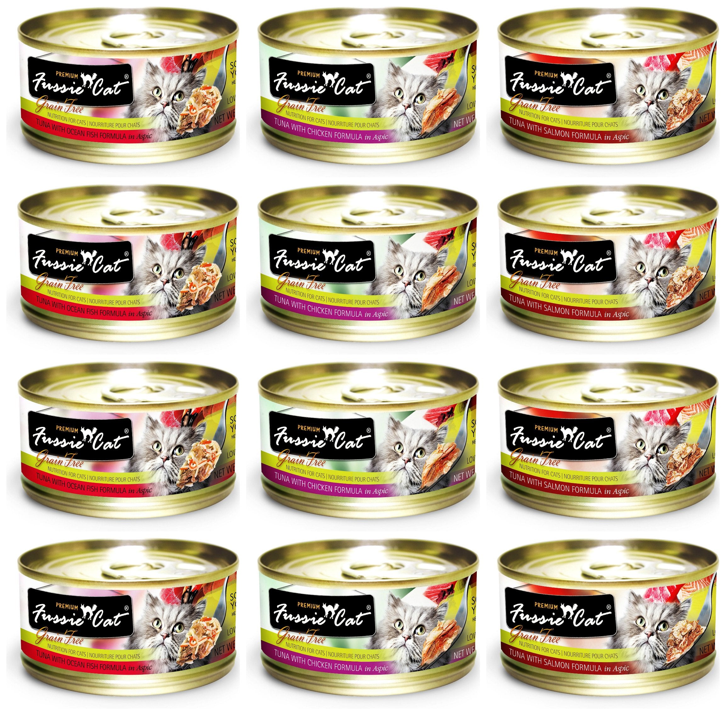 Fussie Cat lata premium sin granos con atún y pollo, sabor rico para gatos.