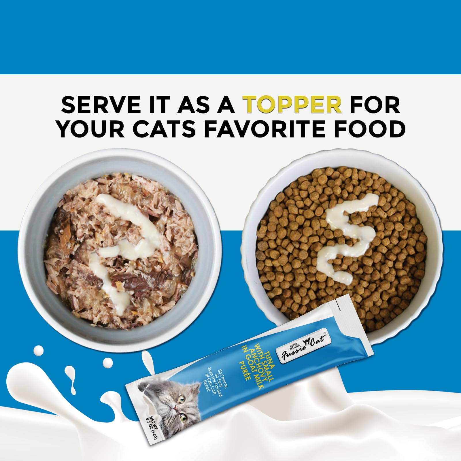Fussie Cat Premium Tuna con anchoas en puré de leche de cabra, bolsa de 0,5 onzas, snack sabroso para gatos