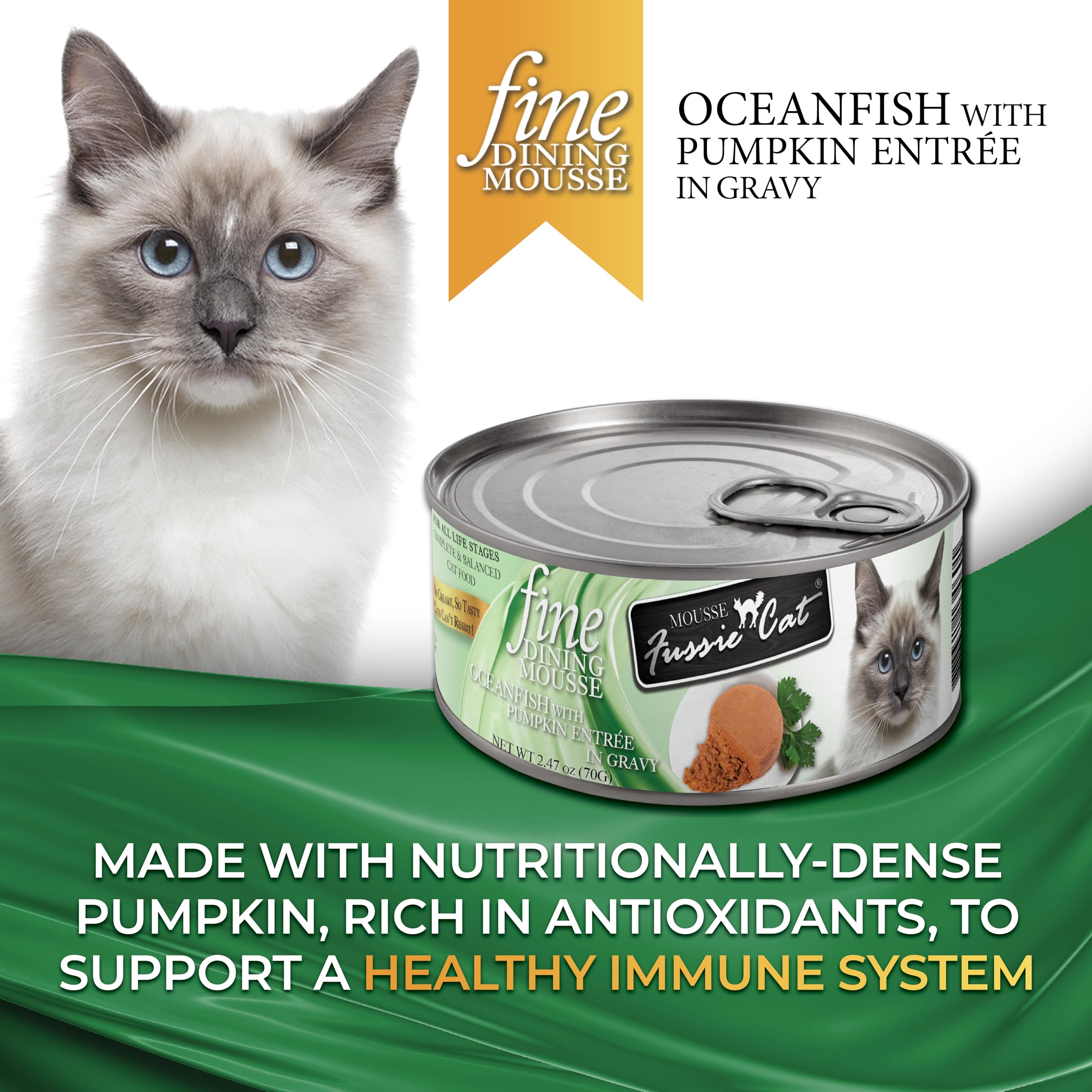 Presentación de caja Fussie Cat Mousse Oceanfish, 24 latas para alimentación diaria.