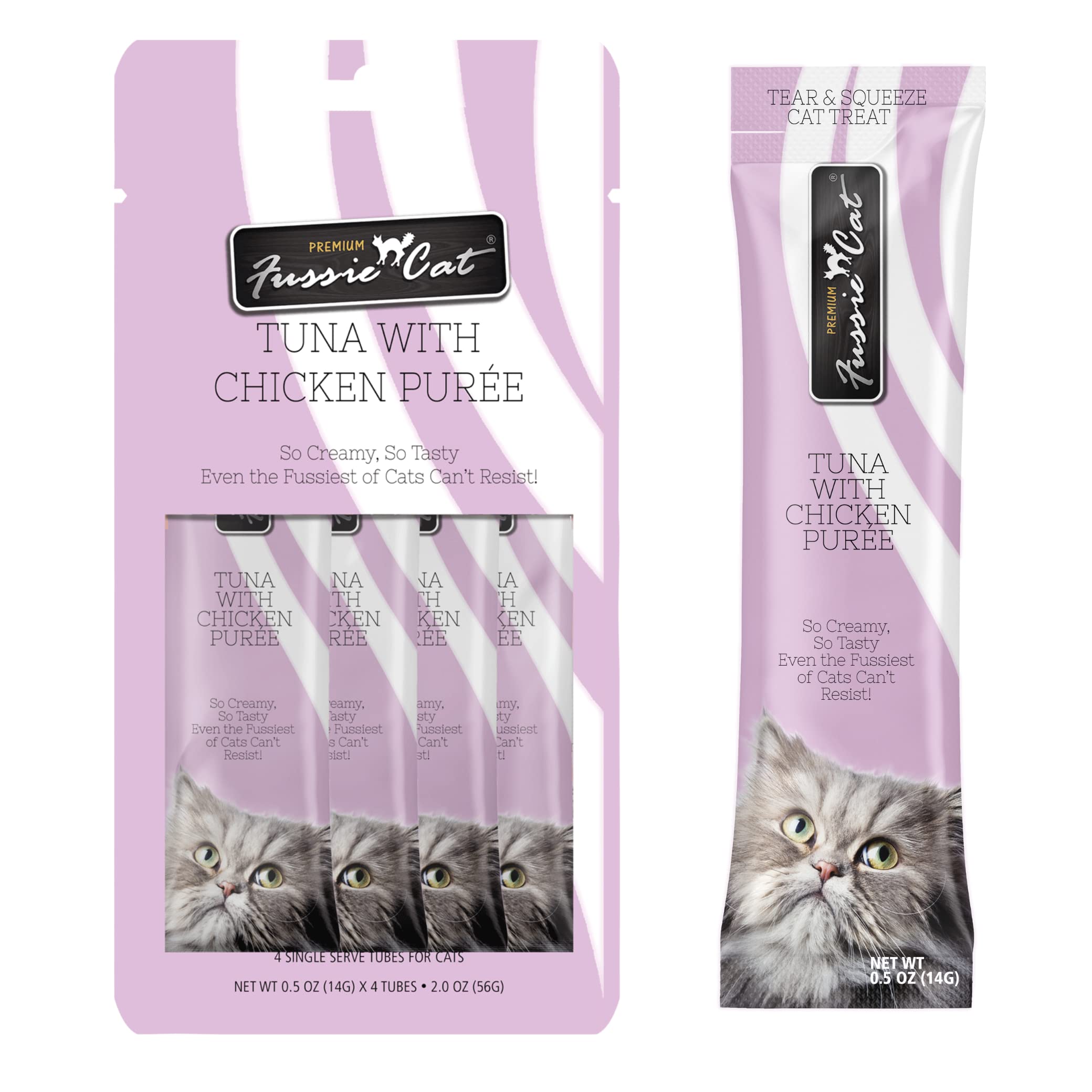 Fussie Cat puré de atún con pollo, textura cremosa para usar como cobertura.