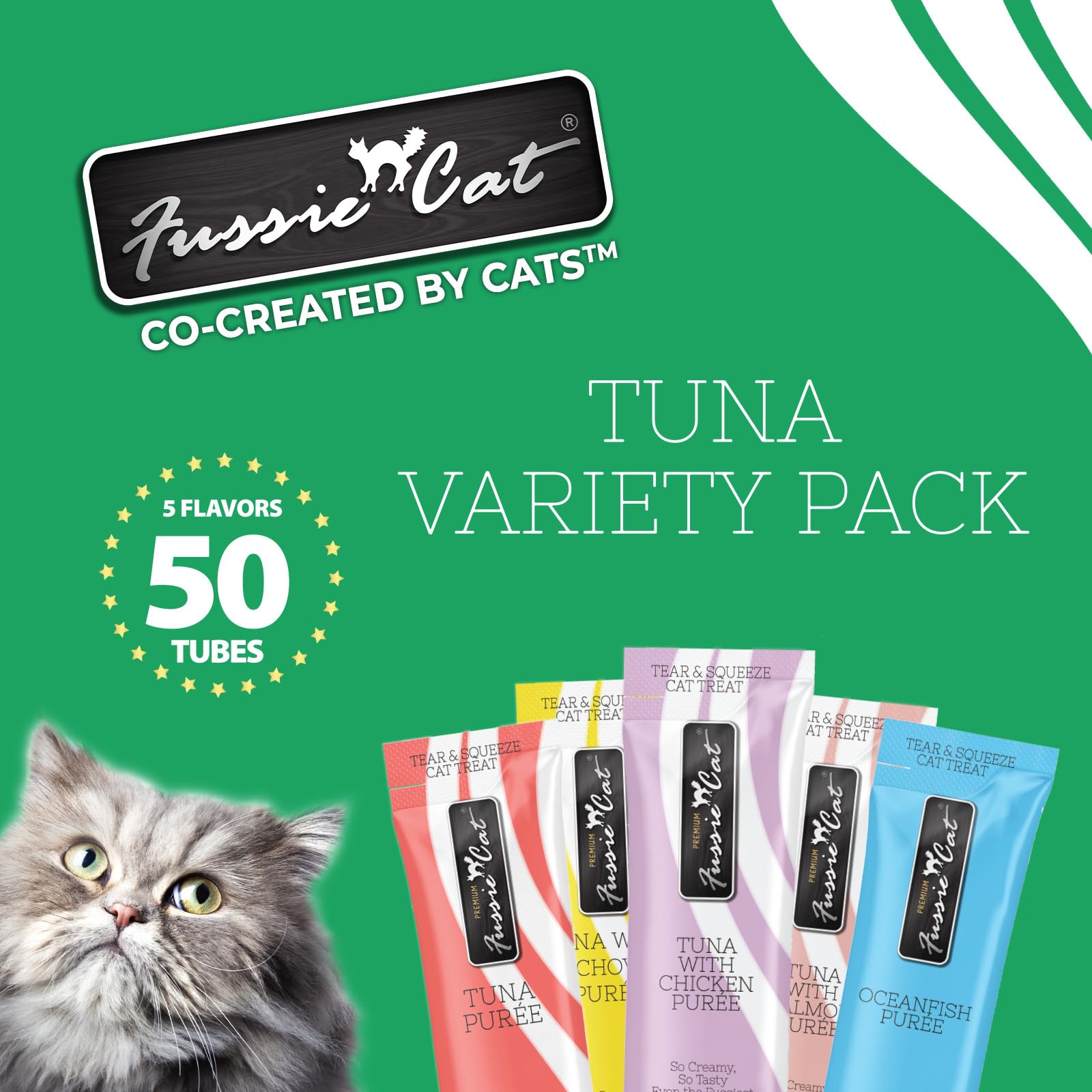 Fussie Cat Puré Tubos sabores de Atún y Pollo para deleite felino.