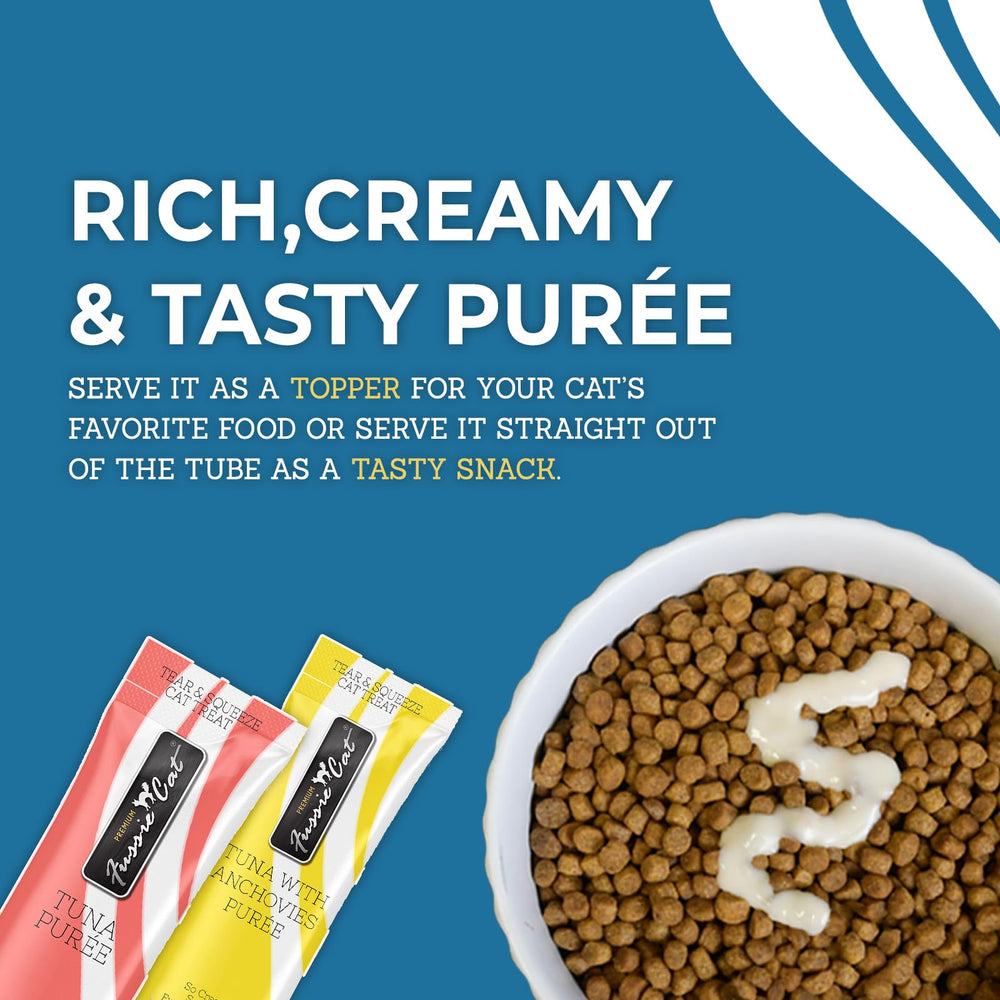 Empaque práctico de Fussie Cat Puree, facilita almacenamiento y servicio.