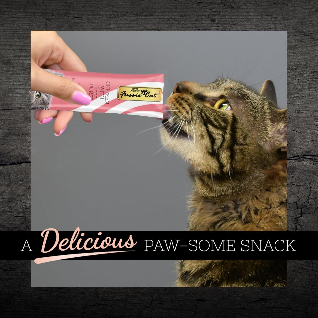 Fussie Cat Puré sabor intenso, ideal como snack diario.