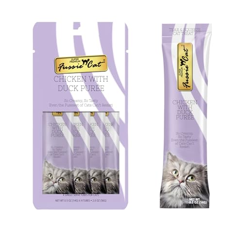 Purée cremosa Fussie Cat con textura suave para degustación fácil.