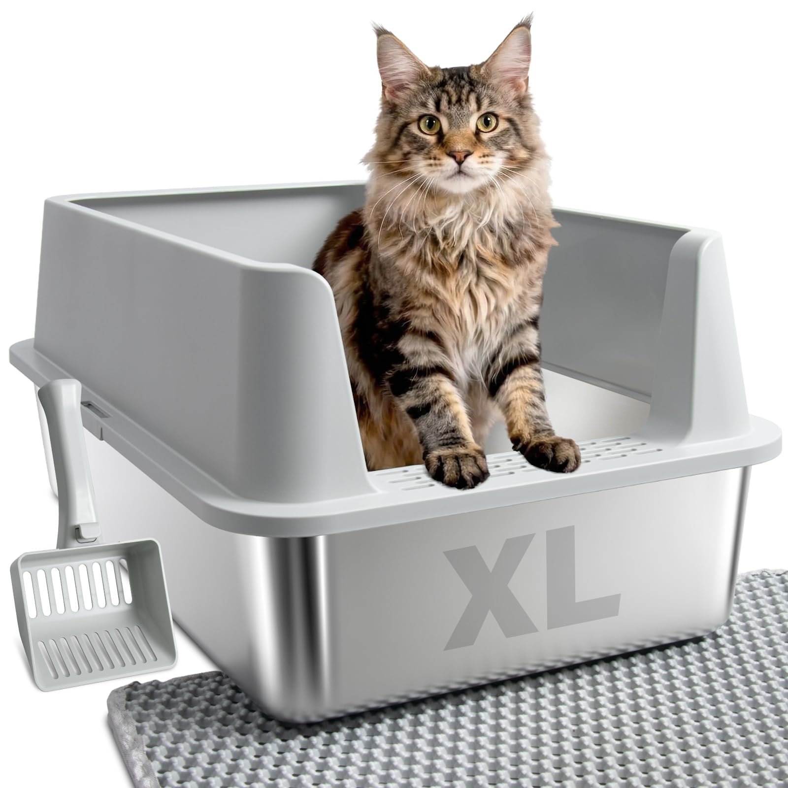 Caja FUTAM de acero inoxidable XL con tapa, ideal para gatos grandes.